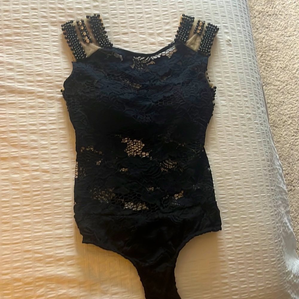 Laced black body-suit, beaded shoulders, from Brazil, Planet Body. Never worn